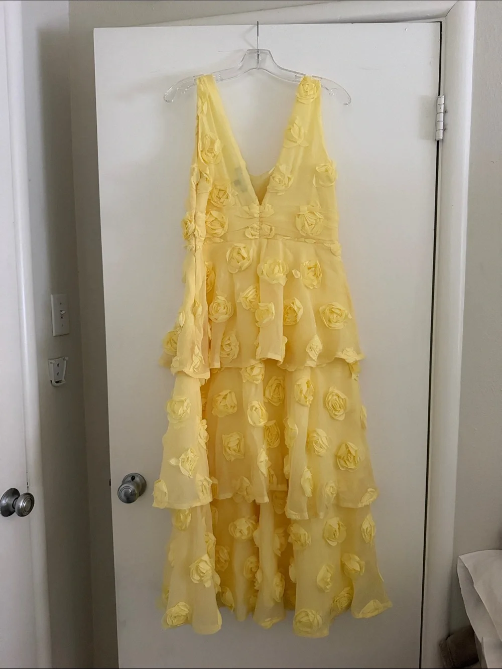 Lulu's Lemon Yellow Tiered Floral Appliqué Wedding Dress